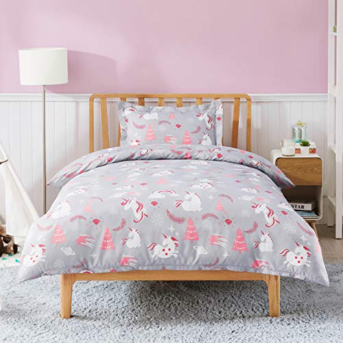 Bedsure Funda Nordica Infantil Cama 90 Niña - Juego de Funda Edredón Juvenil 140x200 de Microfibra Transpirable y Suave, con Patrón Reversible de Unicornio, Gris Rosa