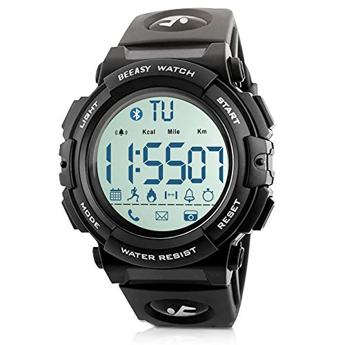 Beeasy Reloj Deportivo Hombre,Relojes Digital Impermeable Watches LCD Inteligente Bluetooth Fitness Tracker Contador Calorías Podómetro Cámara Remota App Notificación de Llamadas SMS,Negro