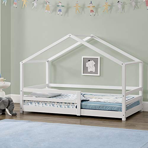 Cama para niños 70 x 140 cm Cama Infantil con Somier Estructura de Madera Pino En diseño de Casa con Reja de Seguridad Protección Blanco Lacado Mate