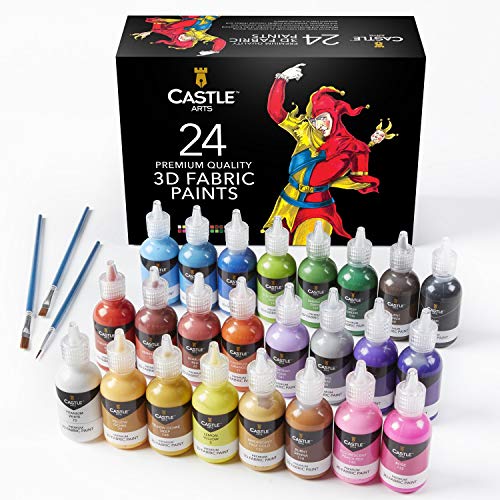 Castle Art Supplies juego de pinturas para tela 3D. 24 colores brillantes e hinchables de alta calidad perfectos para ropa, lienzo, vidrio y madera. 29 ml por botella, no tóxico, seguro para niños