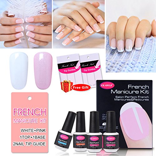 Clavuz 4pcs Kit de Manicura Francesa Esmaltes de Uñas Gel UV LED Semipermanente con Pegatinas Top Coat Base Coat Soak off Manicura y Pedicura