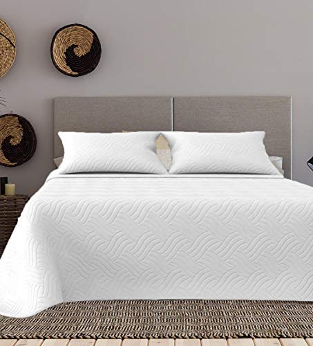 Colchas Bouti Cama 135 Reversible Liso Blanca Acolchado Relleno Fino con Dos Fundas Almohada Acolchada 50x70cm para Verano Entretiempo (135 Blanca)