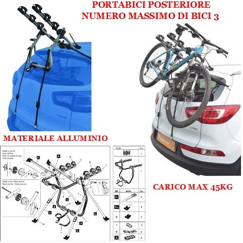 Compatible con Fiat Palio 5p (1997->) Rejilla para Coche DE Bicicleta Trasera EN Aluminio para 3 Bicicletas para Bicicleta para Coche para Coches con AJUSTES Carga MÁXIMA 45KG