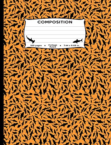 Composition: Sharks All Over Orange Marble Composition Book College Ruled Journal Diary Notebook for men, women, kids, students, teachers (Great White ... sealife, aqua large fish fan journaling