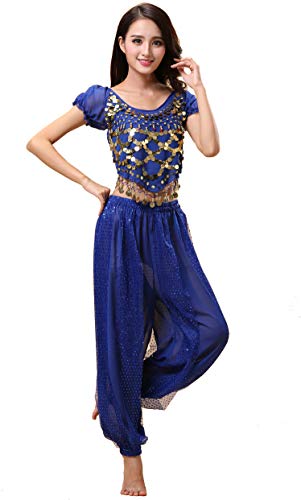 Conjunto de Traje de Traje de 2 Piezas de Danza del Vientre de Bollywood, Tema de Princesa India, para Mujeres con Top y Pantalones (150-170cm, 30-60kg) (Azul)