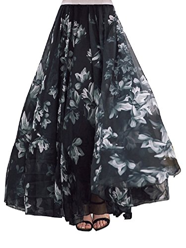 DEBAIJIA Falda Larga Mujer Maxi Bohemia Playa Vacaciones Gasa con Estampado Floral Talla Grande Cintura Elástica Negro - M