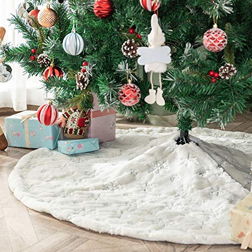 Deggodech Falda de Felpa del árbol de Navidad Blanco Plush Christmas Tree Skirt con Copos de Nieve Plata Felpa Base de Árbol de Navidad para Decoración de Fiesta Navideña de Año Nuevo, 35.4inch/90cm
