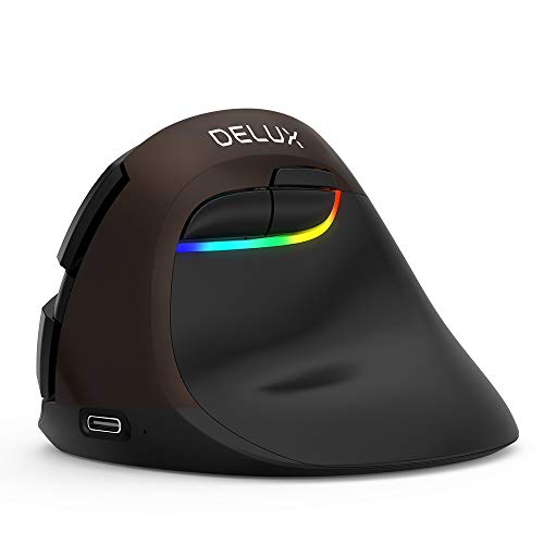 DELUX Ratón Vertical Ratón Ergonómico Inalámbrico con BT4.0 y 2.4G, Batería recargable incorporada, Diseño Silencioso, 6 Botones y 4 Niveles DPI, Ratón Óptico PC con Luz RGB (Negro Azabache)