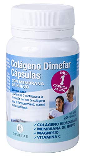 DIMEFAR - Colágeno Hidrolizado en Cápsulas con Membrana de Huevo - Refuerzo Articulaciones + Tendones + Ligamentos - Membrana de Huevo + Colágeno + Vitamina C + Magnesio, 30 Cápsulas