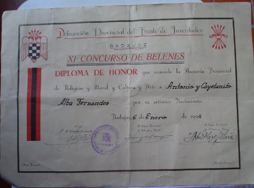 DIPLOMA DE LA DELEGACION PROVINCIAL DEL FRENTE DE JUVENTUDES DEL AÑO 1954