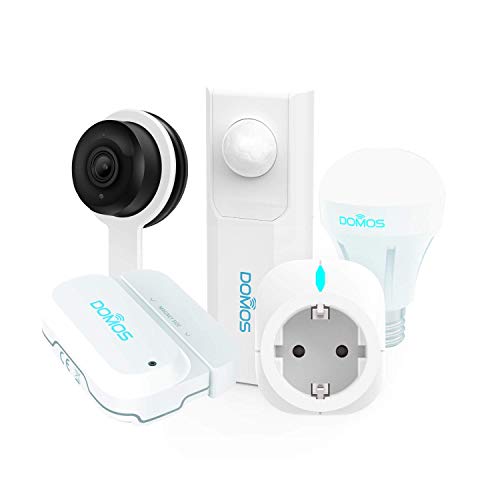 DOMOS Kit Completo de Seguridad para el hogar Inteligente Incluye Sensor de apertura Enchufe inteligente Sensor de movimiento Cámara IP y Bombilla inteligente RGB App gratuita Domos 100% WIFI