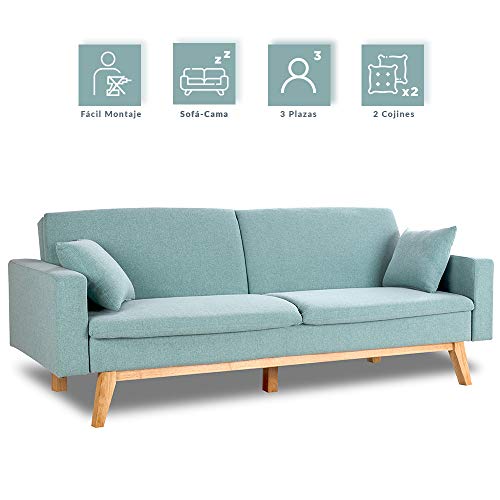 Don Descanso, Sofá Cama 3 plazas Reine, Tapizado en Tela, Color Verde Menta, Sistema Apertura de Libro o Clic-clac, Medida sofá: 206x74x83 cm, Medida Cama: 206x99x83 cm, Incluye 2 Cojines Don Descanso, Sofá Cama 3 plazas Reine, Tapizado en Tela, Color Verde Menta, Sistema Apertura de Libro o Clic-clac, Medida sofá: 206x74x83 cm, Medida Cama: 206x99x83 cm, Incluye 2 Cojines