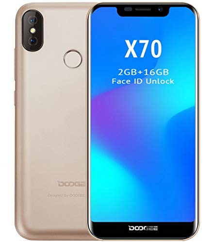 DOOGEE X70 móviles Libres - Pantalla de 5,3 Pulgadas con U-Notch (relación 19: 9), Smartphone Android 8.0 SIM sin Tarjeta, 4000mAh batería, reconocimiento Facial, Quad Core de 2GB + 16GB - Oro