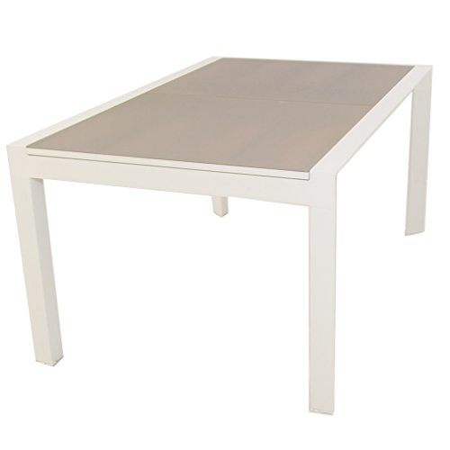 Edenjardi Mesa de Exterior Extensible 160/210 cm, Estructura de Aluminio Color Blanco, Cristal Mate, Grueso y Templado Color taupé Edenjardi Mesa de Exterior Extensible 160/210 cm, Estructura de Aluminio Color Blanco, Cristal Mate, Grueso y Templado Color taupé