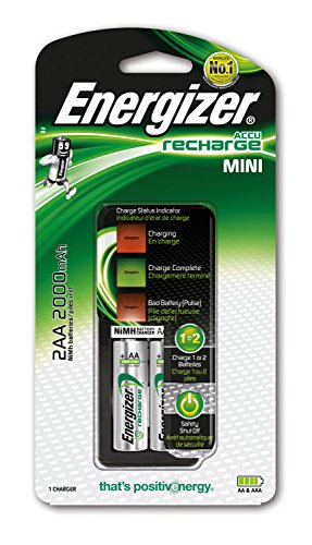 Energizer 2HR6/AA, Cargador Mini AAA/AA (2000 mAh, Incluye 2 Pilas Recargables AA), Tamaño Único, Negro