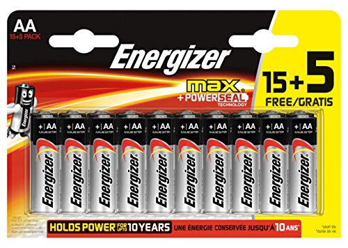 Energizer - Pack de 20 Pilas alcalinas MAX LR6 AA, 50% más de Rendimiento, 1.5V