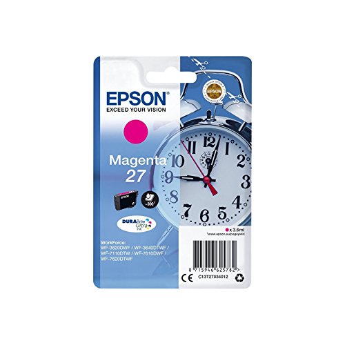 Epson Alarm Clock 27 T2703, Cartucho de Tinta para Impresora de Inyección de Epson, 300 Páginas, Magenta, 3.6 ml