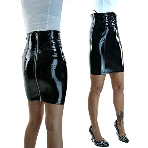 ERLIZHINIAN Nuevo Negro Atractivo de la Cremallera de PVC látex Mini Falda Vestido de imitación Falda de Cuero Club de látex de Vinilo Falda Traje de Baile Sexy Falda XXL (Color : Black, Size : M)