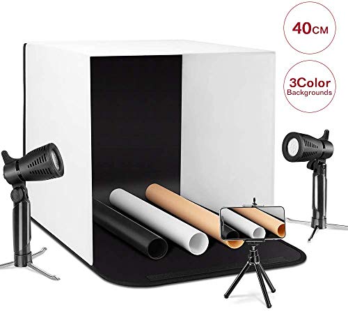 ESDDI Caja de luz 40cm Brillo Ajustable para Estudio Fotográfico Portátil Fondos (Blanco, Negro, Naranja) LED lightX2 Nueva Versión