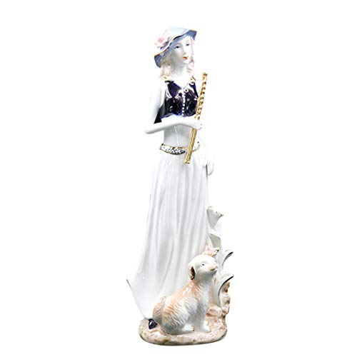 Estatuilla de porcelana fina con flauta - Estatuilla hecha a mano Muchacha de belleza sonriente De pie con un perro pastor Estatua de porcelana Figuras de 11.4 "de alto, Regalo de cumpleaños (blanco)