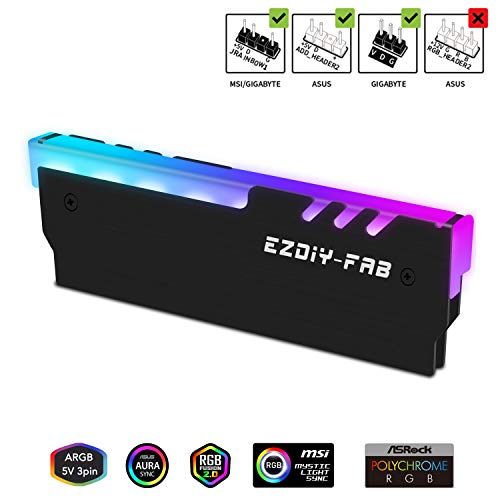 EZDIY-FAB RGB Memoria Direccionable RAM Refrigerador DDR Disipador de Calor PC Mod DDR3 DDR4 (Compatible con ASUS Aura Sync,GIGABYTE RGB Fusion y MSI Mystic Light Sync)-Negro-1 Pack