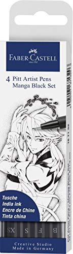 Faber-Castell 167132 - Pack de 4 rotuladores para dibujo Manga Black Set, puntas de diferentes grosores, color negro Faber-Castell 167132 - Pack de 4 rotuladores para dibujo Manga Black Set, puntas de diferentes grosores, color negro