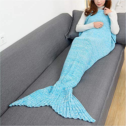 FC Fancy Manta de Cola de Sirena para Mujeres y niñas, Suave, cálida, de Punto, para Todas Las Estaciones, cumpleaños, Accesorios de fotografía, Color Azul Claro, 180 x 90 cm