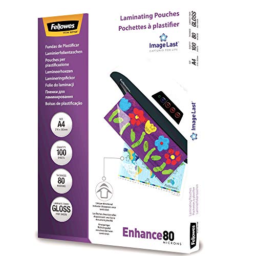 Fellowes 53061 - Pack de 100 fundas para plastificar, brillo, formato A4, 80 micras Fellowes 53061 - Pack de 100 fundas para plastificar, brillo, formato A4, 80 micras