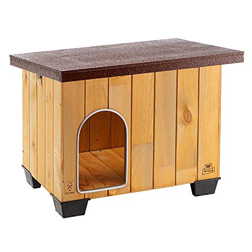 Ferplast Caseta de exterior para perros BAITA 60, Madera ecosostenible, Pies aislantes, Puerta con perfil de aluminio resistente a las mordeduras, Techo abrible, 71,5 x 57 x h 52,5 cm