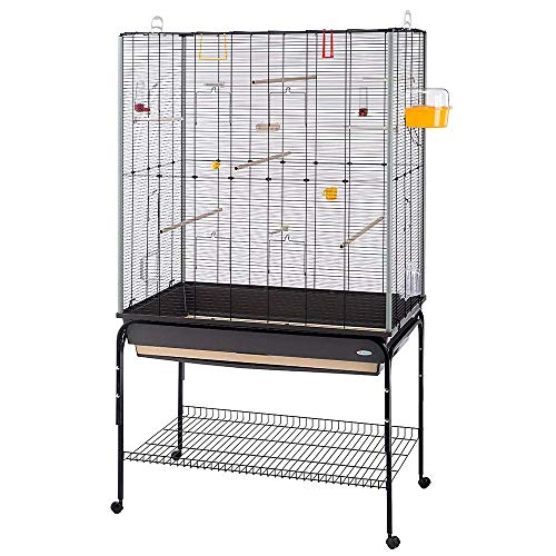 Ferplast Espaciosa Jaula para Canarios, periquitos y pájaros exóticos Planeta, con Accesorios y Soporte con Ruedas con repisa portaobjetos, Alambre Pintado Negro y cubeta marrón, 97 x 58 x h 173,5 cm