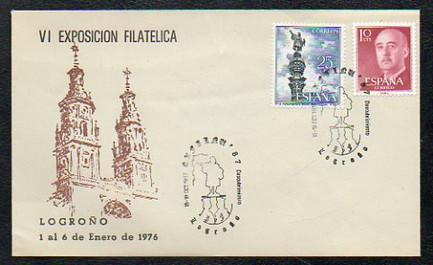 Filatelia. SOBRE CONMEMORATIVO. VI EXPOSICIÓN FILATÉLICA DE LOGROÑO. 1 al 6 de Enero de 1976. Mataselos Exfilan 87.