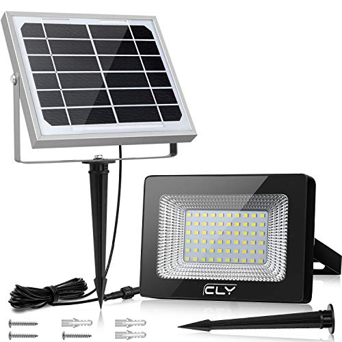 Foco Solar CLY 60 LED Luz Solar Lámpara Solar Exterior 60 LED con Batería 4000mAh Panel Solar ENCENDIDO / APAGADO Automáticamente IP66 Impermeable, Lámpara Solar para Jardín, Calle y Garaje