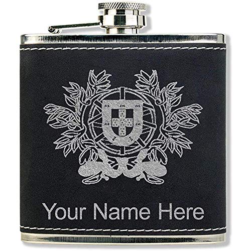 Frasco de cuero de imitación, escudo de armas Portugal, grabado personalizado incluido (negro con plata) Frasco de cuero de imitación, escudo de armas Portugal, grabado personalizado incluido (negro con plata)