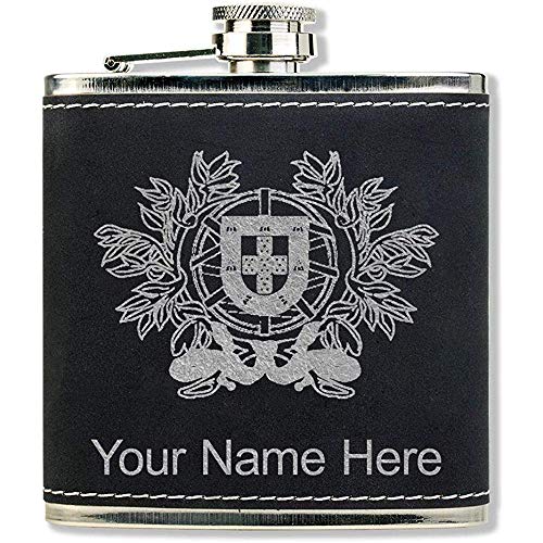 Frasco de cuero de imitación, escudo de armas Portugal, grabado personalizado incluido (negro con plata)