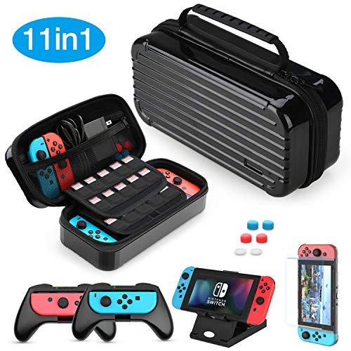 Funda para Nintendo Switch, HEYSTOP 11 en 1 Nintendo Switch Estuche portátil Incluye 2 Joy-Con Grips para Nintendo Switch, PlayStand ajustable, Protector de Pantalla con 6 Tapas de Agarre para Pulgar