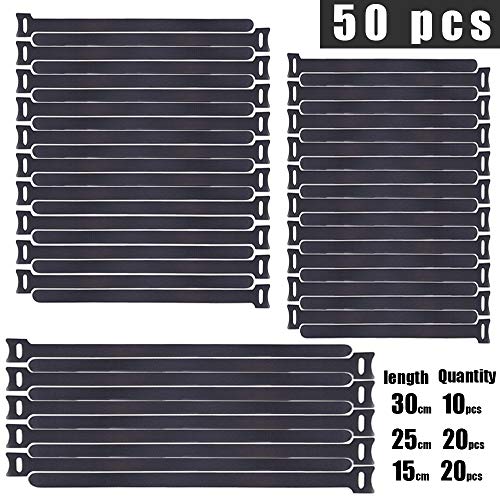 Gancho y bucle correas,50Pcs Ataduras de Cable, Cable Correas Set, Reutilizables Cable Ties, Gancho Bucle Correas, Cable Organizador, 3 Tamaños Diferentes (30cm, 20cm, 15cm) –– Negro