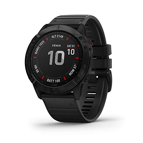 Garmin Fenix ​​6X Pro, reloj GPS multideporte definitivo, funciones de mapeo, música, monitoreo de ritmo ajustado por grado y sensores de pulso, negro con banda negra