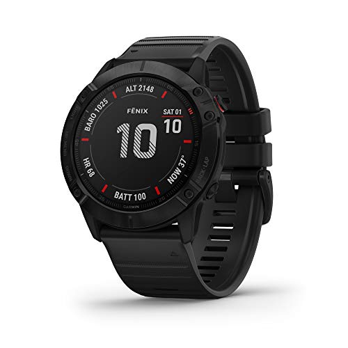 Garmin Fenix 6X Pro, reloj GPS multideporte definitivo, funciones de mapeo, música, monitoreo de ritmo ajustado por grado y sensores de pulso, negro con banda negra Garmin Fenix 6X Pro, reloj GPS multideporte definitivo, funciones de mapeo, música, monitoreo de ritmo ajustado por grado y sensores de pulso, negro con banda negra