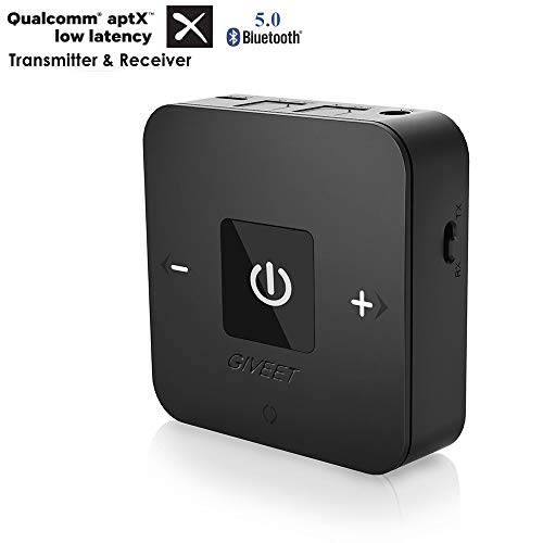 Giveet aptX BAJO LATENCIA Bluetooth transmisor Receptor de Audio para TV, Enlace Doble, Optical, 3,5 mm AUX y RCA Adaptador inalámbrico para el Inicio Altavoz de Auriculares 25 Horas de Juego