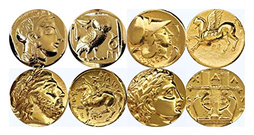 Golden Artifacts Athena, Zeus, Athena y Owl, Apollo, Fans de Percy Jackson, 4 Monedas griegas de Dioses / Diosas Principales, Padres de los Personajes de Percy (Top4-G)