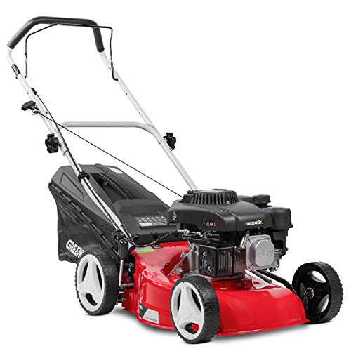 GREENCUT GLM680X - Cortacésped de gasolina 139cc y 5cv con arranque manual Easy-start y ancho de corte de 400mm (o 16'') de tipo rotativo, Altura de Corte Regulable, Capacidad Saco de Recogida (40L)