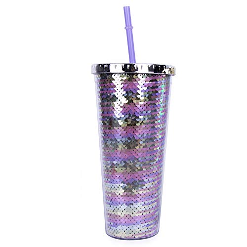 Helio Ferretti. Vasos de agua con Lentejuelas de colores. Recipiente plástico, alto con tapa y pajita para beber. Reutilizable. Tamaño XL. Modelo multicolor.