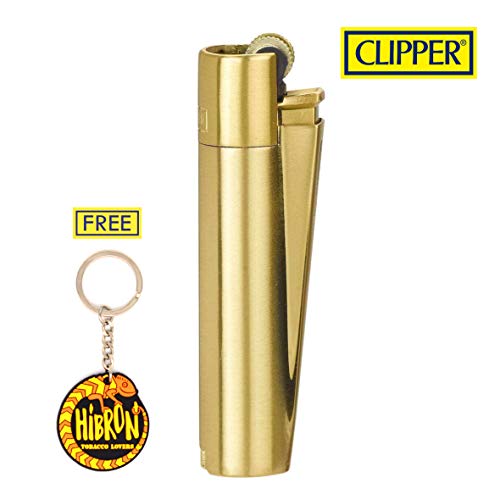 HIBRON Clipper 1 Encendedor Mechero Clásico Largo Metal Gold Oro Dorado Mate Cepillado Y 1 Llavero Gratis