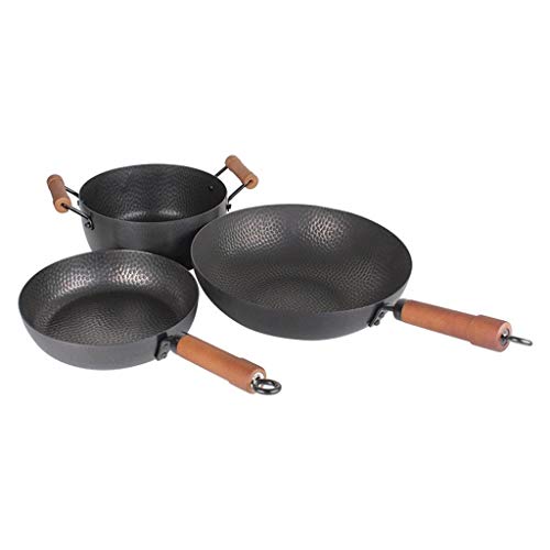 Hjd Juego de Utensilios forjada a Mano de Utensilios de Cocina Olla Conjunto de 3 Piezas de época Estufa de Hierro Wok Wok de Hierro Fino sin Recubrimiento Gas doméstico Juego de Utensilios