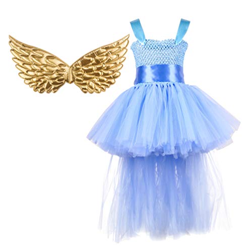 Holibanna Halooween Traje de Rendimiento Angel Cosplay Set Vestido Largo de Tutú con Alas Doradas Honda Malla Sin Mangas Falda para Gils El 110-140cm