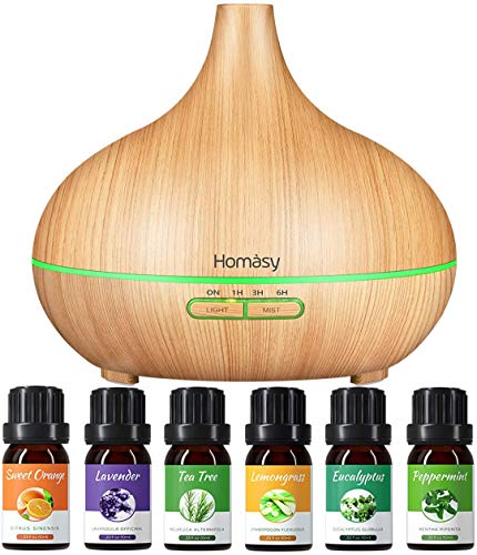 Homasy 500ml Difusor de Aromas con 6 Botellas de Humidificadore Aceite Esencial 100% Puro, Difusor Aromaterapia Silencioso, 14 Luces LED de Color, Apagado Automático, Temporizador sin BPA, Amarillo