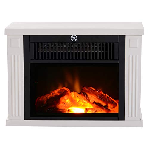 HOMCOM Portátil Mini Estufa Eléctrica Calefactor Chimenea Pequeña Termostato Ajustable 600/1200W Llama Decorativa 34x17x25cm Blanco