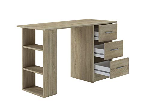 Home Heavenly® - Mesa escritorio DESKI estilo minimalista, robusto y espacioso, con 3 cajones y 3 estantes, gran capacidad de almacenaje, fabricación europea, 120 X 72 X 49 cm de Fondo (Roble natural)