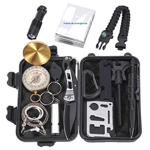 Homvik Kits de Supervivencia 14 en 1 multifuncional Kits Tácticos con Navaja Linterna Manta de Emergencia y Pulsera de Paracord para Acampada Senderismo Excursión Montañismo Viaje al Aire Libre