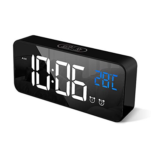 HOMVILLA Reloj Despertador Digital con Pantalla LED de Temperatura, Alarma de Espejo Portátil con Alarma Doble Tiempo de Repetición 4 Niveles de Brillo Regulable 13 Música Despertadores Digitales